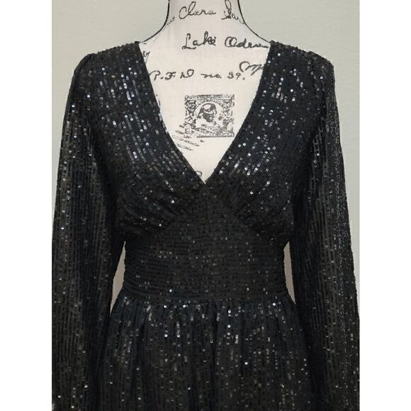 🖤✨ MICHAEL KORS Black Sequin Stripe Long Sleeve V-Neck Dress SIZE M $195 NWT - Picture 17 of 17